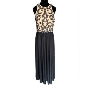 Jackie Jon NY Formal Beaded Dress Black Nude Chiffon A Line Sleeveless Size 8